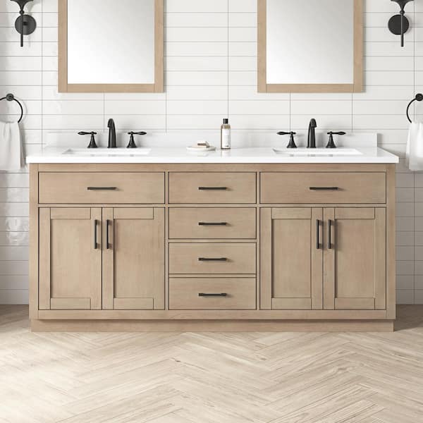 OVE Decors Bailey 72 in. Double Sink Sahara Birch Bath Vanity with White Quartz Top and Integrated Power Outlet (Assembled)