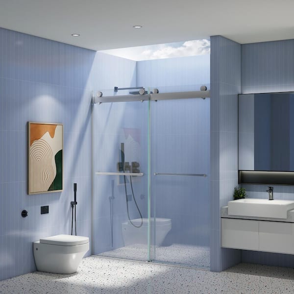 72 in. W x 76 in. H Sliding Frameless Shower Door with Tempered Glass, Brushed Nickel