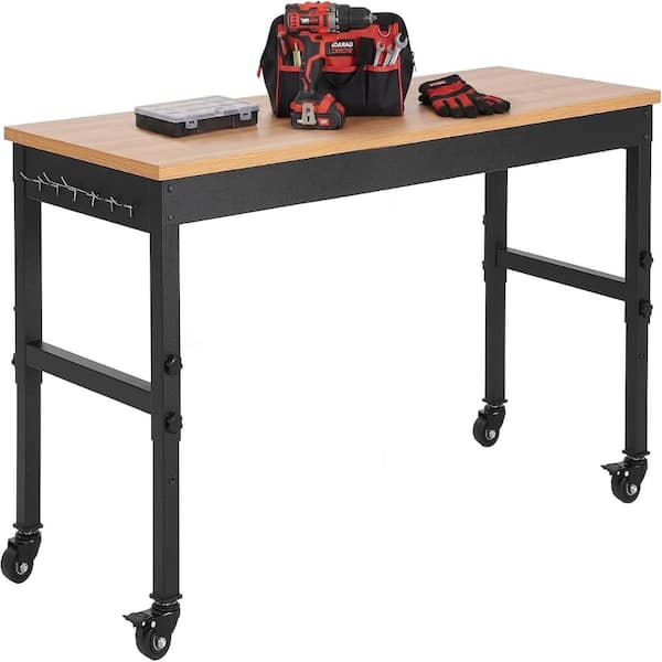 72"x24" Solid Wood Workbench Adjustable Height 2200 LBS, Rolling Work Table with Power Outlets & Hanging Hooks & Wheels