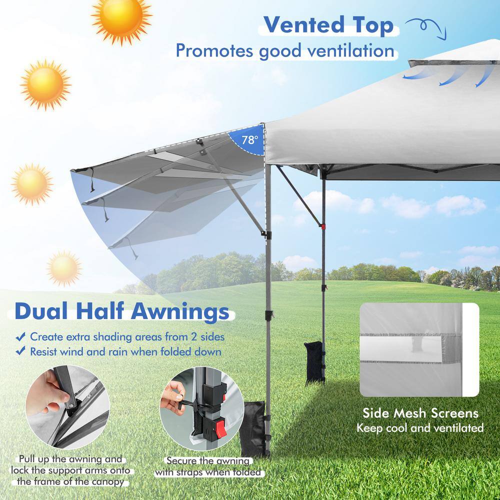 White 10' x 17.6' Outdoor Pop-Up Canopy Tent with Dual Awnings
