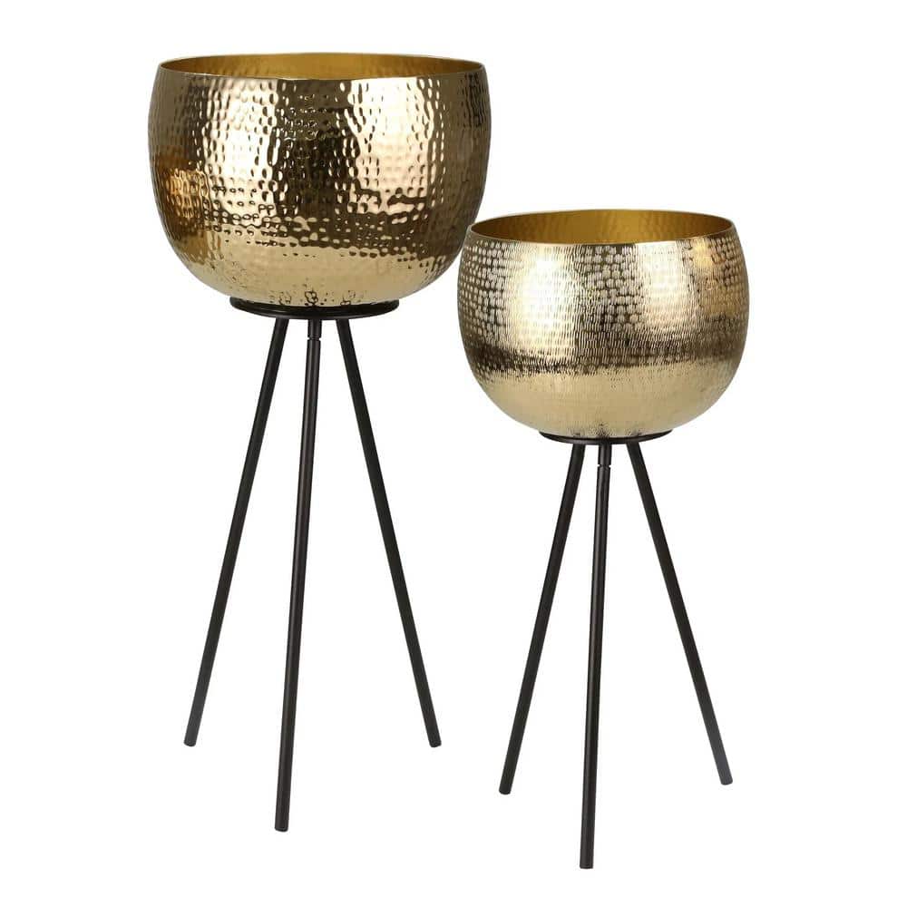 Hammered Textured Iron Bowl Planters on Tripod Base, (Set of 2) Gold and Bl