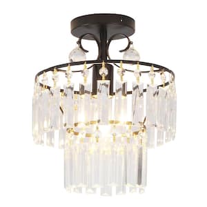 10.62 in. 1 Light Black Modern Round Semi-Flush Mount Ceiling Light with Clear Crystal Shade and No Bulbs Included