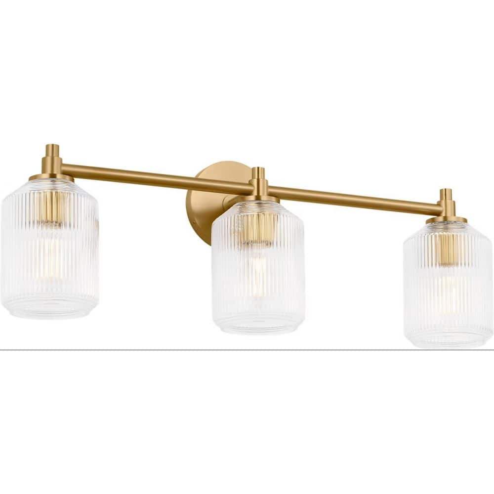Barstow 25.5 in. W x 9 in. H 3-Light Burnished Brass Traditional Bathroom Vanity Light with Clear Ribbed Glass Shades price history on PriceWatchPro