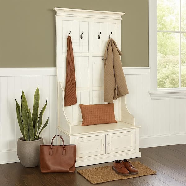 Mary Farmhouse White Mahogany Wood Accent Hall Tree Coat Rack with Bench and 4 Hooks