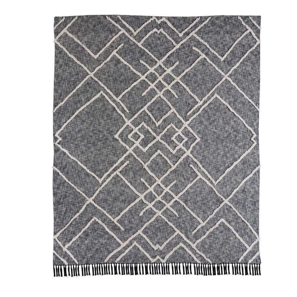 Tufted Black/Ivory Geometric Diamond Distressed Queen Cotton Coverlet