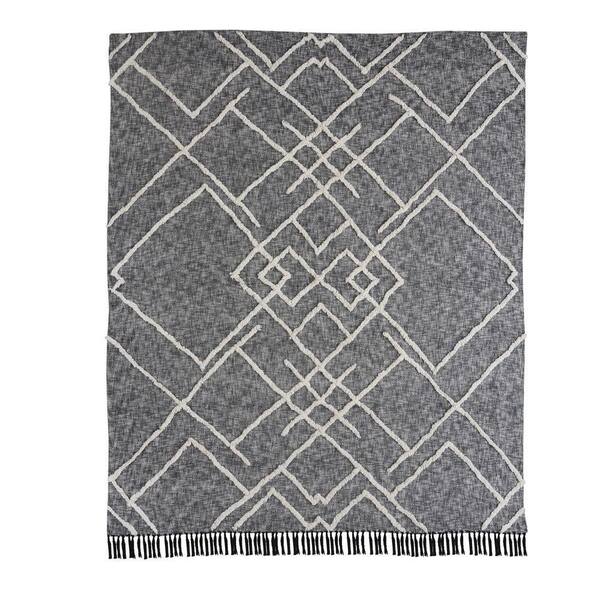 Unbranded Tufted Black/Ivory Geometric Diamond Distressed Queen Cotton Coverlet