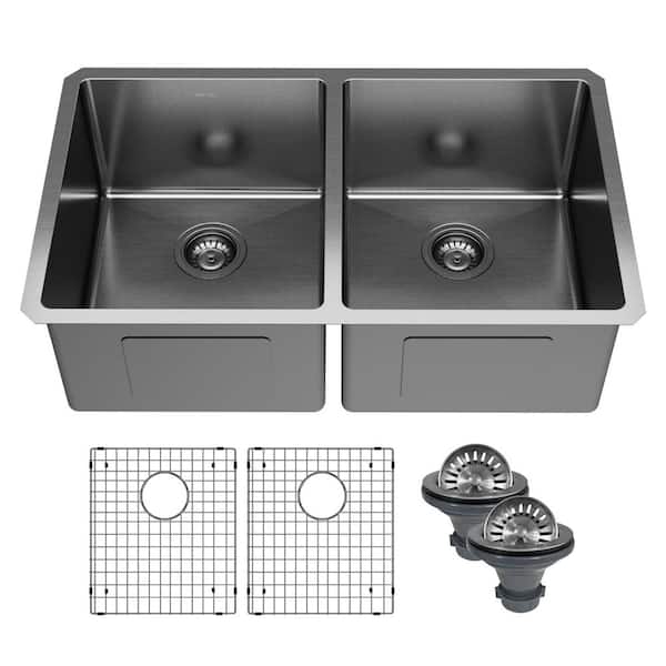 Elite 32 in. Undermount 50/50 Double Bowl 16 Gauge Gunmetal Black Stainless Steel Kitchen Sink