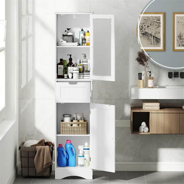 White Freestanding 67 in. Tall Bathroom Floor Cabinet w/ Adjustable Shelves, Glass Door Cabinet, Deep Drawer