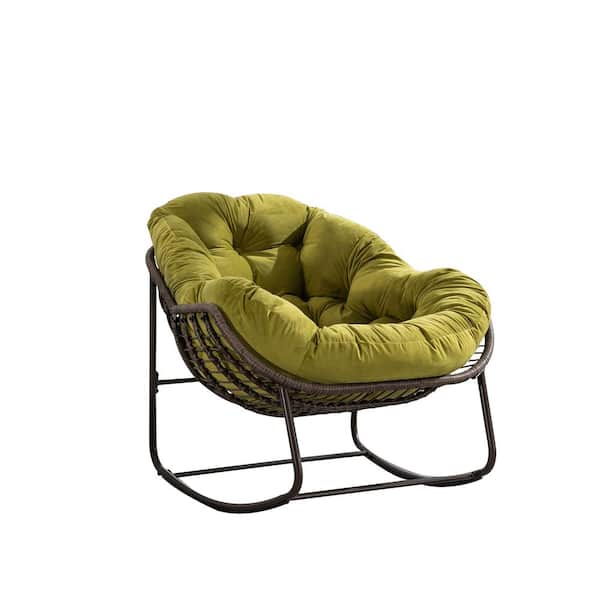 Zeus & Ruta Brown Wicker Rattan Outdoor Rocking Chair with Olive Green Cushion for Front Porch, Living Room, Patio, Garden
