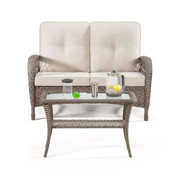 Zeus & Ruta 2-Piece Brown Wicker Patio Conversation Set with Beige Cushions and 1 Coffee Table