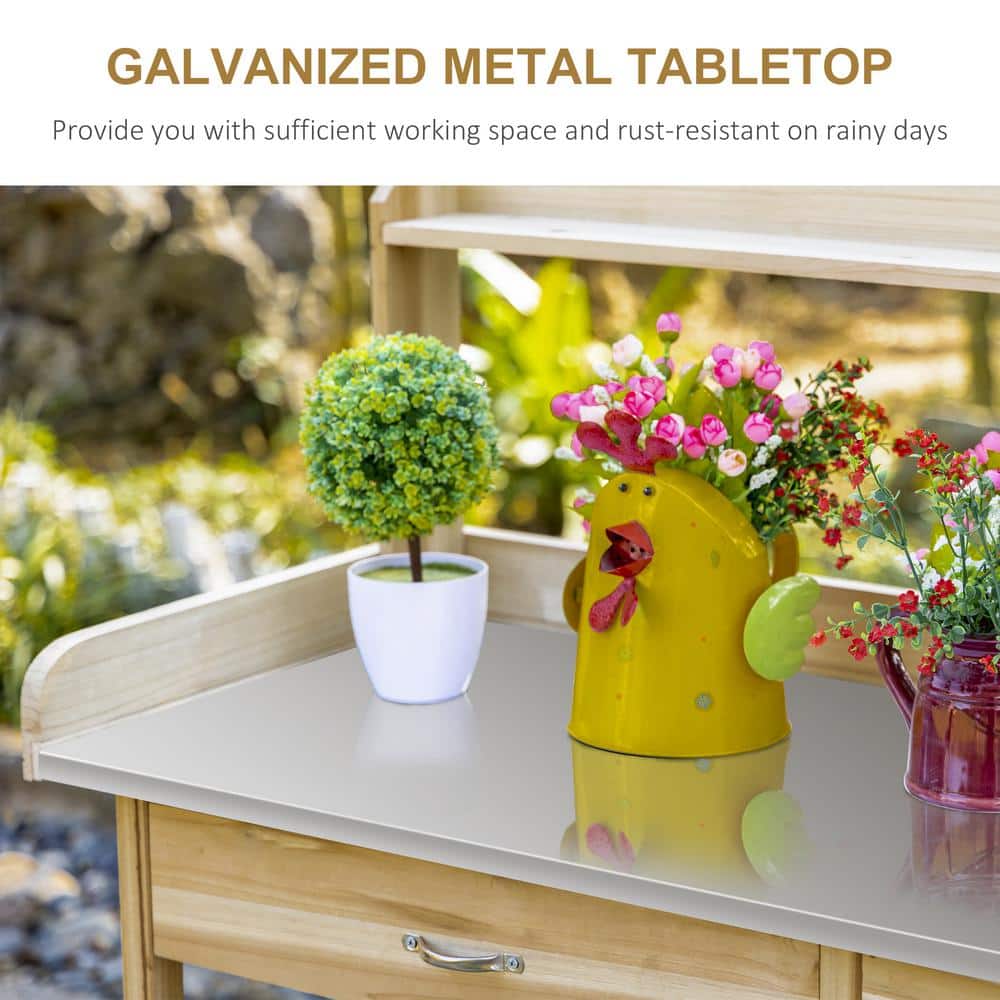 Natural Wood Potting Bench with Steel Tabletop and Storage Cabinet