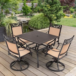 Dark Brown 5-Piece Aluminum Patio Dining Set With High Back Swivel Chairs, Umbrella Hole With Powder Coat Paint Finish