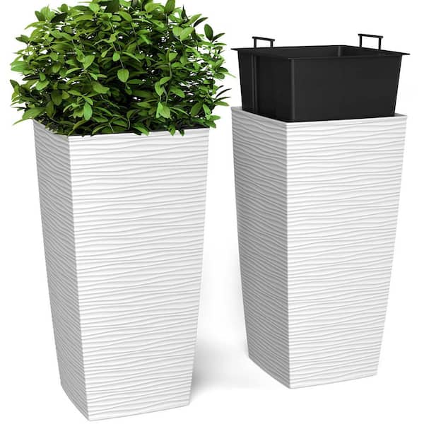 JANSKA 9 in. x 9 in. x 18 in. EverGreen White, M-Resin, Indoor/Outdoor Planter with Built-In Drainage, 2-Piece Duo Set, Small