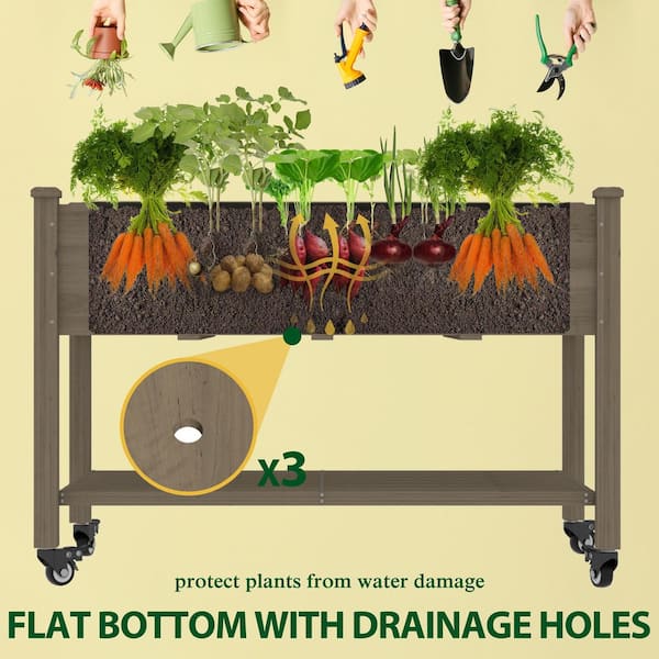 47 in. W x 23 in. D x 33 in. H Brown Cedar Raised Garden Bed with Lockable Wheels, Shelf and Liner