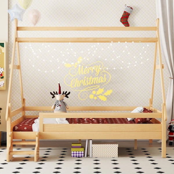 Mansur Brown Full Size Kids House Platform Bed with Stairs, Solid Wood Twin Bed Frame