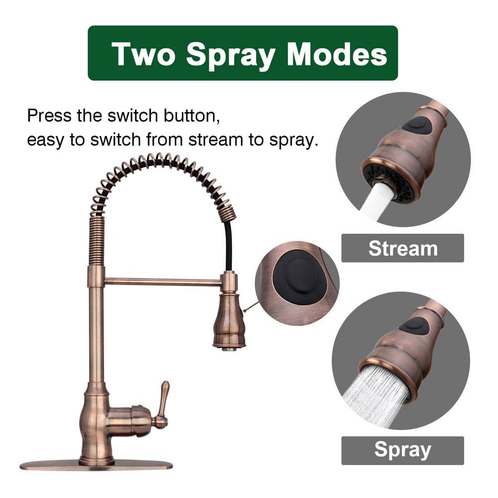 Antique Copper Pre-Rinse Spring Kitchen Faucet with Pull Down Sprayer