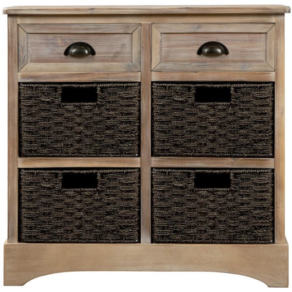 LUCKY ONE Garson Natural Rustic Storage Cabinet with Drawers and Rattan Basket Pantry Storage