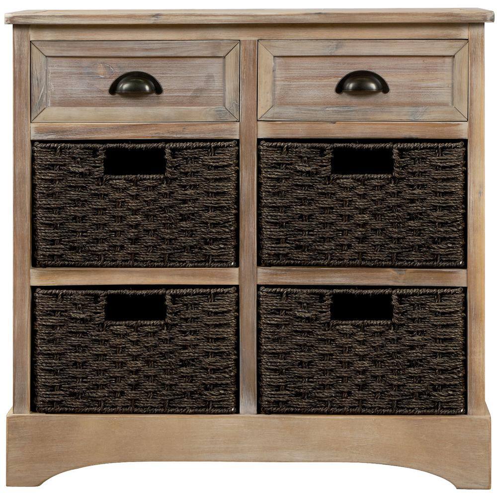 White Washed Rustic Pine Accent Cabinet with Wicker Baskets