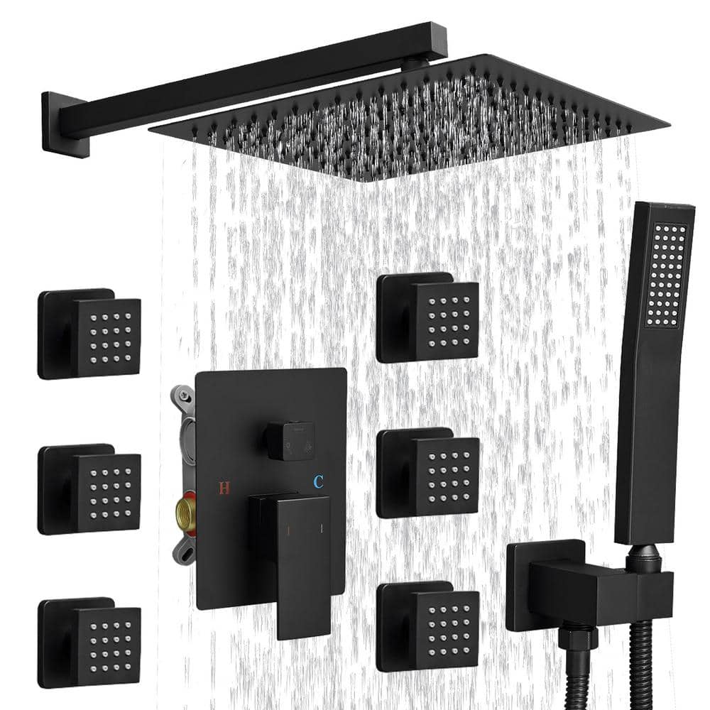 Matte Black 12-Inch Stainless Steel Multi-Head Wall Mounted Shower System