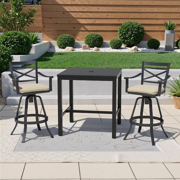 Crestlive Products 3-Piece Square Aluminum Outdoor Dining Set with 35.4 in. Table and Bar Stool with Sunbrella Champagne Cushion