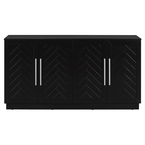 Lycvki 60.1 in. Wood Kitchen Pantry Storage Cabinet Buffet Cabinet with 4 Doors and Silver Handles in Black