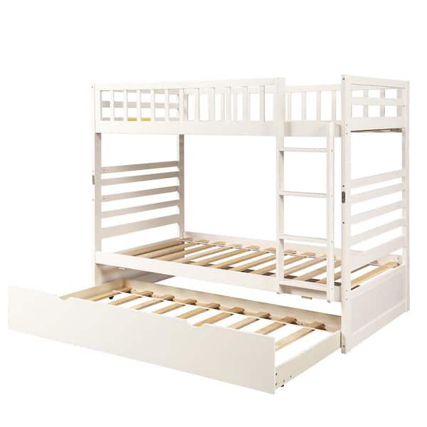 GOJANE White Twin Bunk Beds for Kids with Safety Rail and Movable Trundle Bed