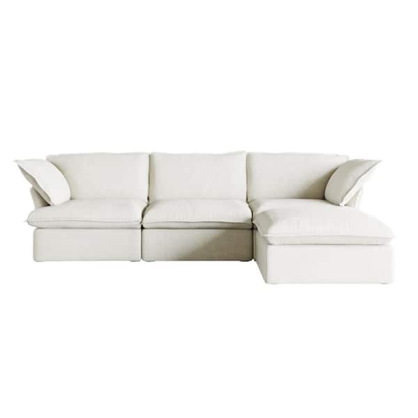 123 in. Square Arm 3-Piece Linen Modular Sectional Sofa in White with Ottoman