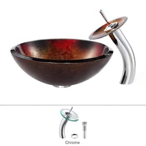 Mercury Glass Vessel Sink in Red/Gold with Waterfall Faucet in Chrome