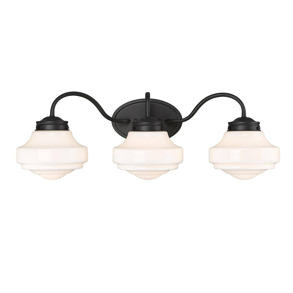Matte Black and White Glass 3-Light Bath Vanity Fixture