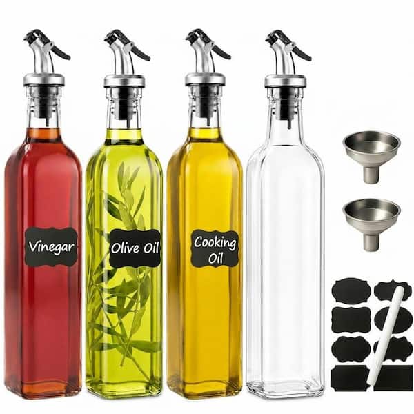 4-Pack 17 oz Glass Olive Oil Dispenser Bottles with Pourer Spouts, Stainless Steel Funnel, and Labels