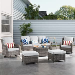 Moonlight Gray 7-Piece Wicker Patio Conversation Seating Sofa Set with Gray Cushions and Swivel Rocking Chairs
