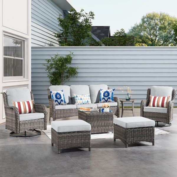 XIZZI Moonlight Gray 7-Piece Wicker Patio Conversation Seating Sofa Set with Gray Cushions and Swivel Rocking Chairs