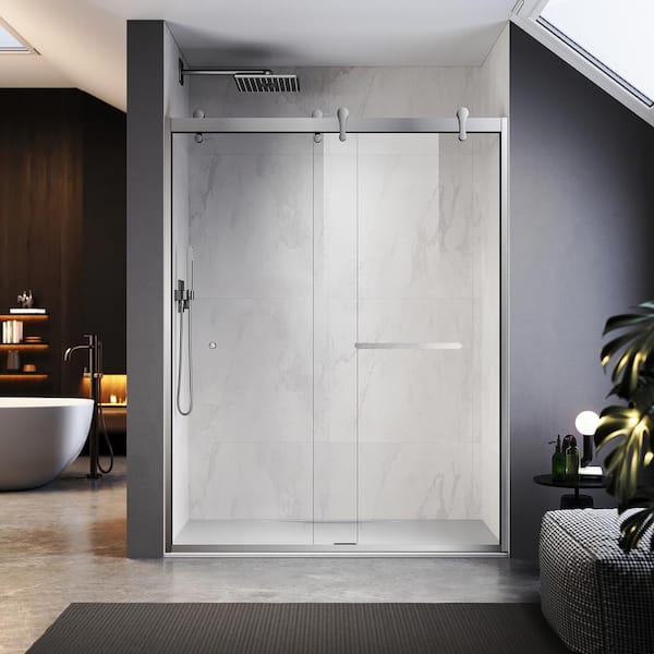 UNIKOO UKD08 60 in. W x 76 in. H Double Sliding Semi-Frameless Shower Door in Brushed Nickel, EnduroShield 5/16 in. Clear Glass