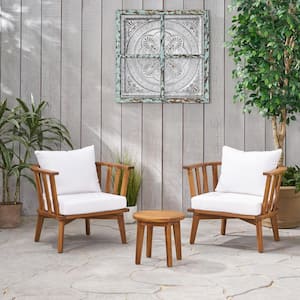 Chilian Teak Brown 3-Piece Wood Outdoor Patio Conversation Seating Set with White Cushions