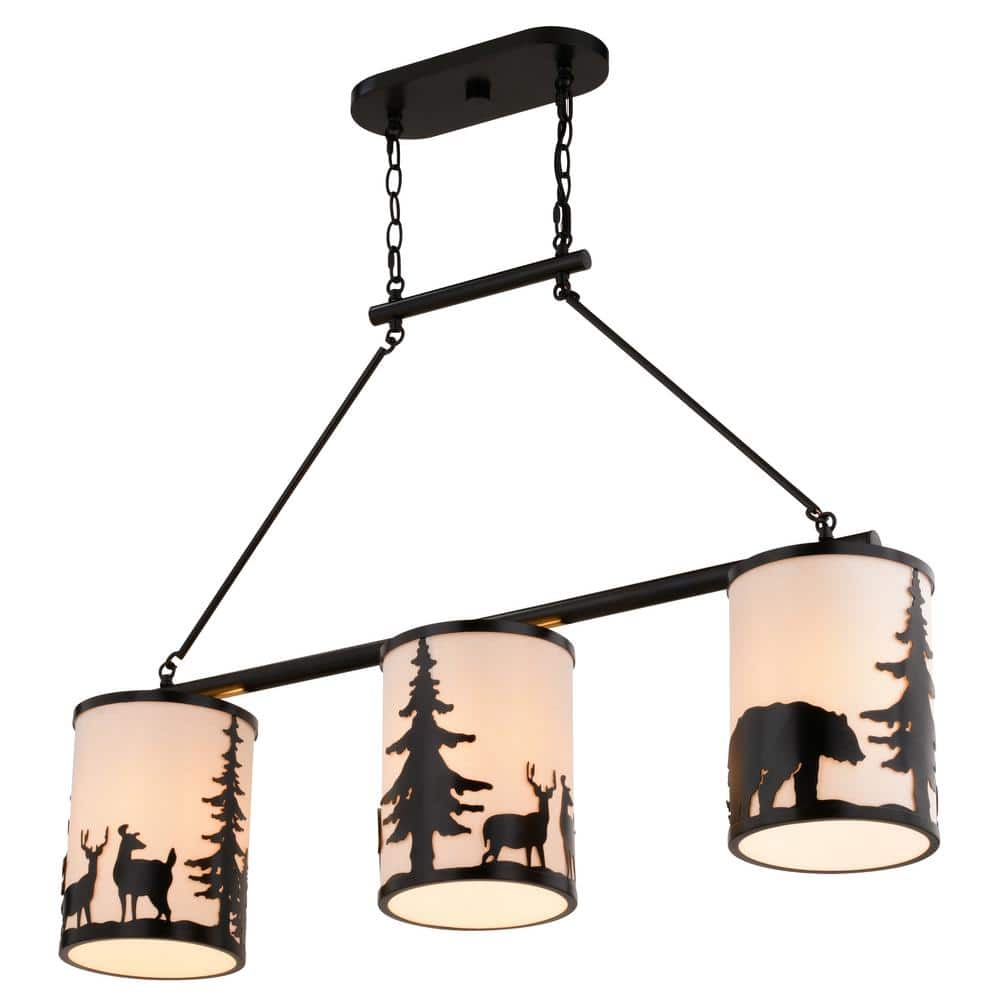Acadia Bronze 3-Light Rustic Linear Chandelier with Linen Shades