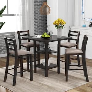 5-Piece Espresso Wood Counter Height Dining Table Set 4-Seats, Square Table Set with 4 Padded Chairs and 2-Tier Shelves