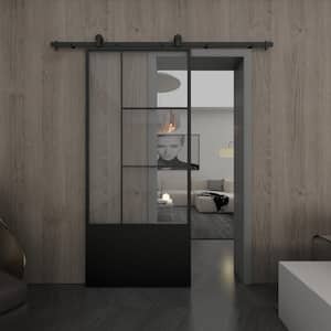 Opera 37 in. x 84 in. 3/4 Lite Clear Glass Black Metal Finish Sliding Barn Door with Hardware Kit
