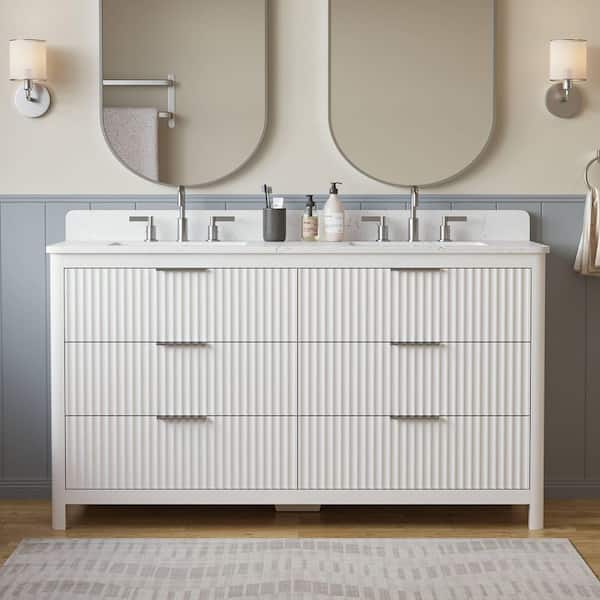 Gwen 61 in. Double Sink Freestanding White Bath Vanity with Carrara White Engineered Stone Top and Backsplash Assembled