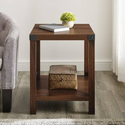 Urban Industrial 18 in. Dark Walnut Square Metal X Accent Side Table with Lower Shelf