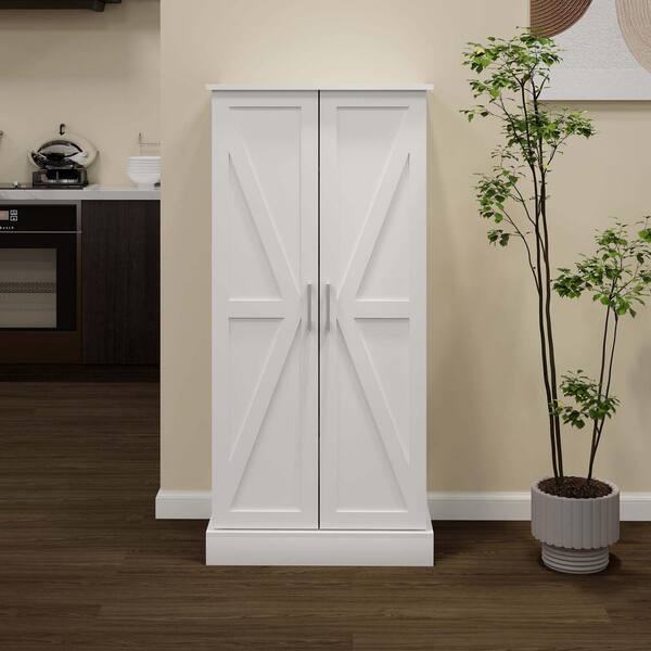 24 in. W x 16 in. D x 50 in. H in White MDF Ready to Assemble Floor Base Kitchen Cabinet with 2 Doors & Racks and LED