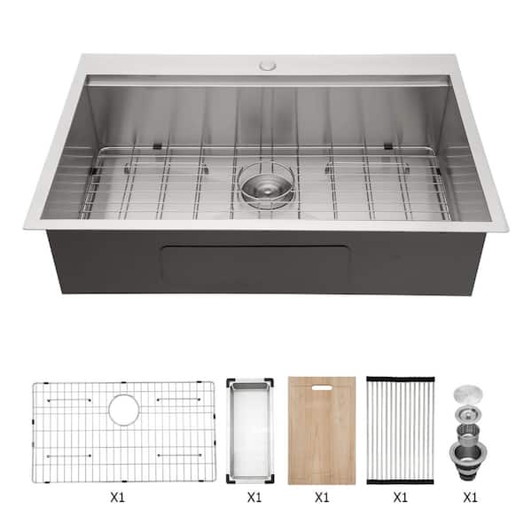 33 in. Drop-In Single Bowl 18-Gauge Silver Stainless Steel Kitchen Sink Basin
