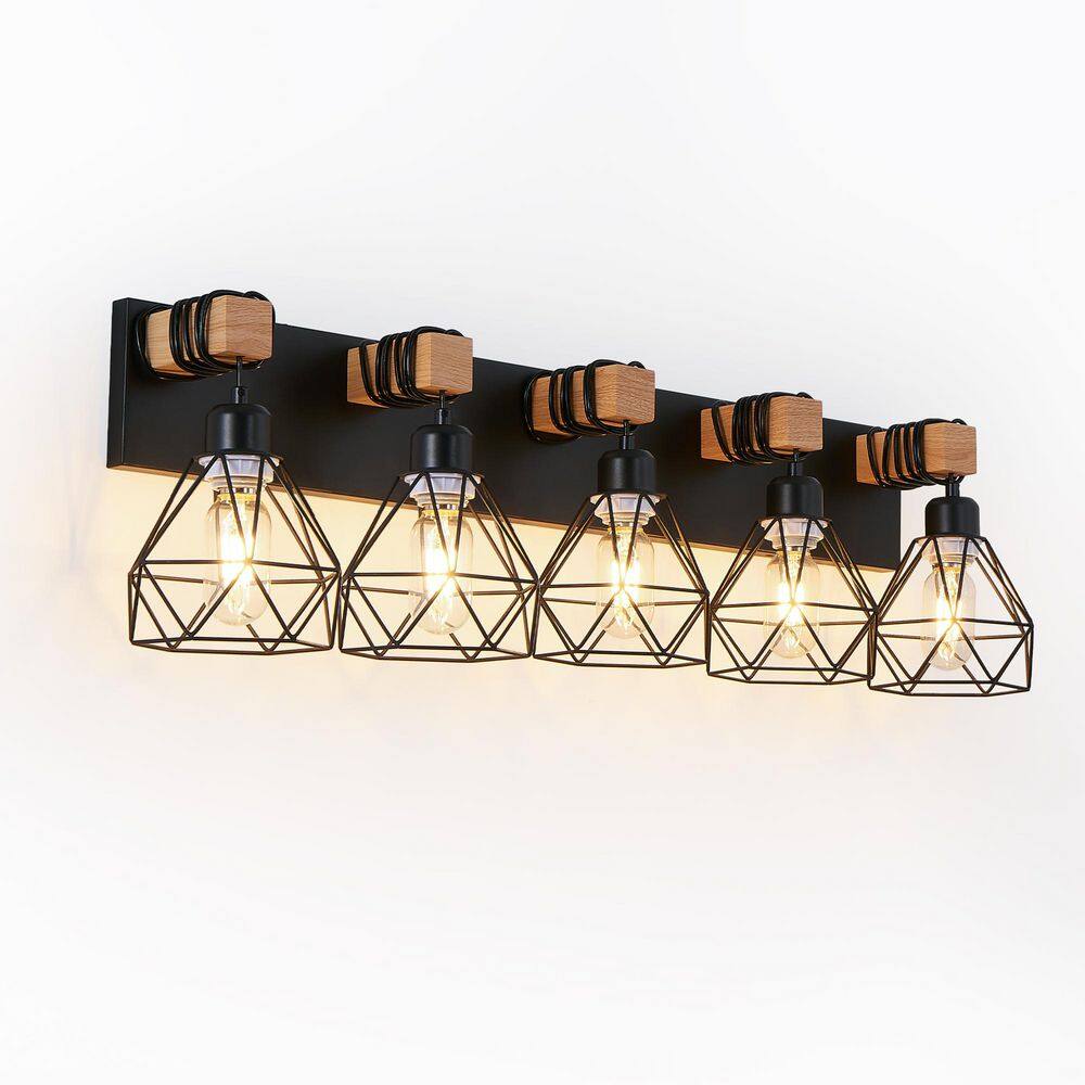 31 in. 5-Light Walnut Black Cage Vanity Light, Farmhouse Rustic Wall Lighting with Wooden Accents for Bathroom price history on PriceWatchPro
