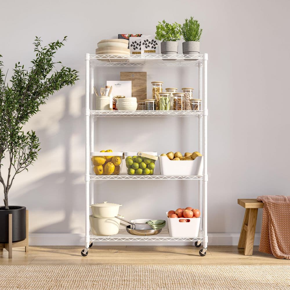 White Adjustable 4-Tier Steel Wire Shelving Unit with Wheels