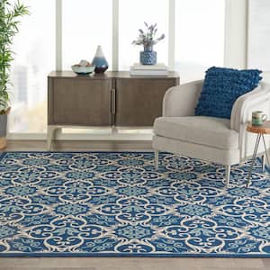 Caribbean Navy 8 ft. x 8 ft. Square Botanical Transitional Indoor/Outdoor Patio Area Rug