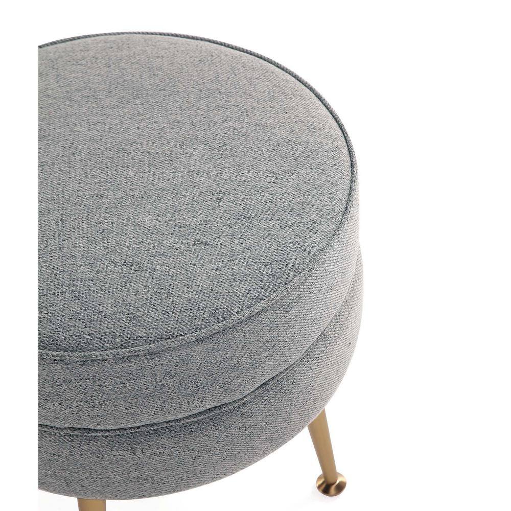 Bailey Round Gray Upholstered Ottoman with Gold Legs