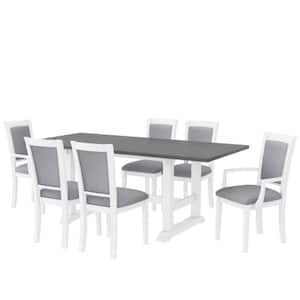 White 7-Piece Wood Extendable Table with Upholstered Side Chair and Arm Chair Outdoor Dining Set with Gray Cushion