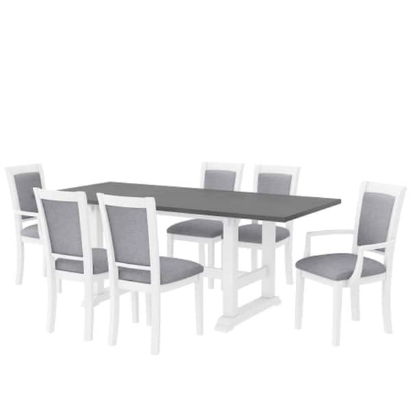 Unbranded White 7-Piece Wood Extendable Table with Upholstered Side Chair and Arm Chair Outdoor Dining Set with Gray Cushion