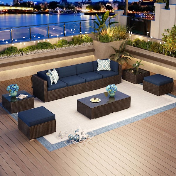PHI VILLA Dark Brown Rattan Wicker 6-Seat 10-Piece Steel Patio Outdoor Sectional Set with Blue Cushions,Ottomans and Coffee Tables