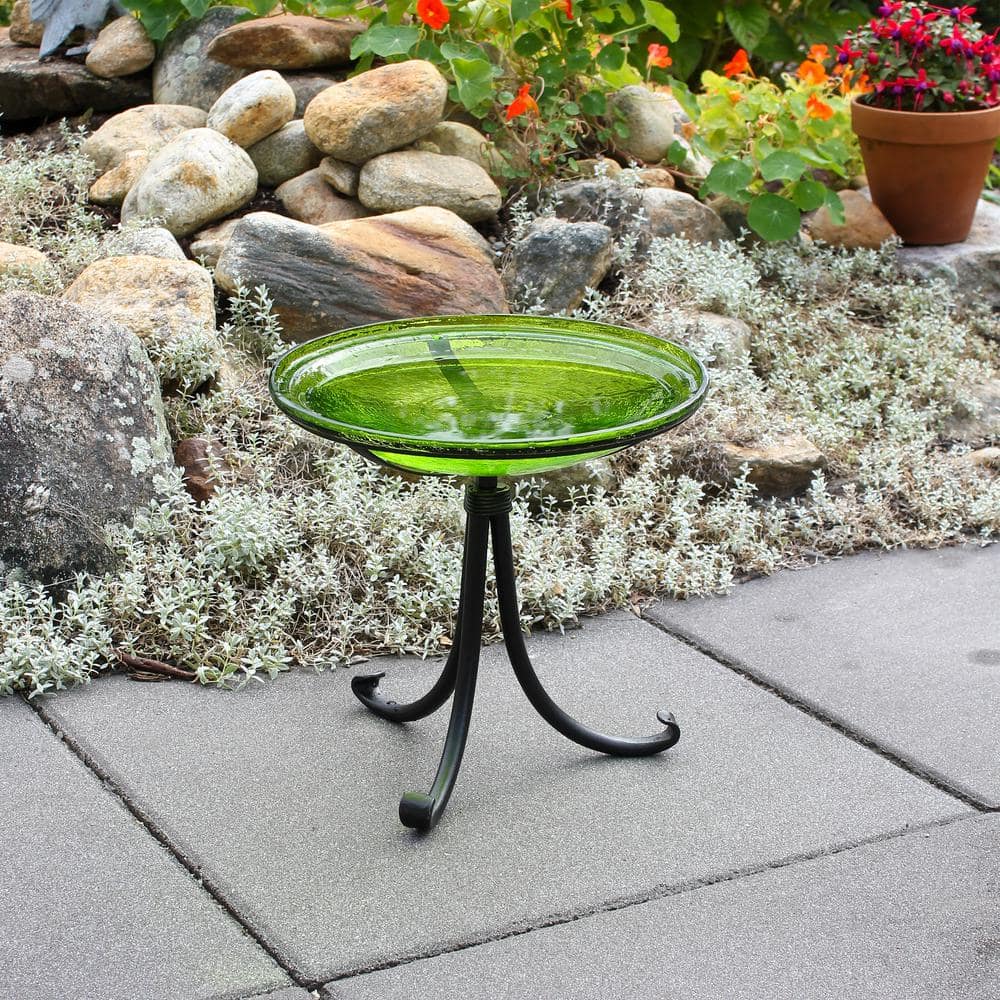 Fern Green Crackle Glass Birdbath with Wrought Iron Stand