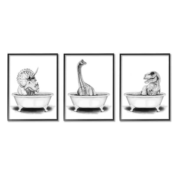 Dinosaurs Bathing Bathroom Tub by Rachel Nieman 3-Piece Black Framed Animal Giclee Art Print 14 in. x 11 in.
